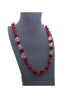 Vintage Ruby Red Clear Crystal Bead Necklace Hand Strung 24" Silk Sterling Clasp